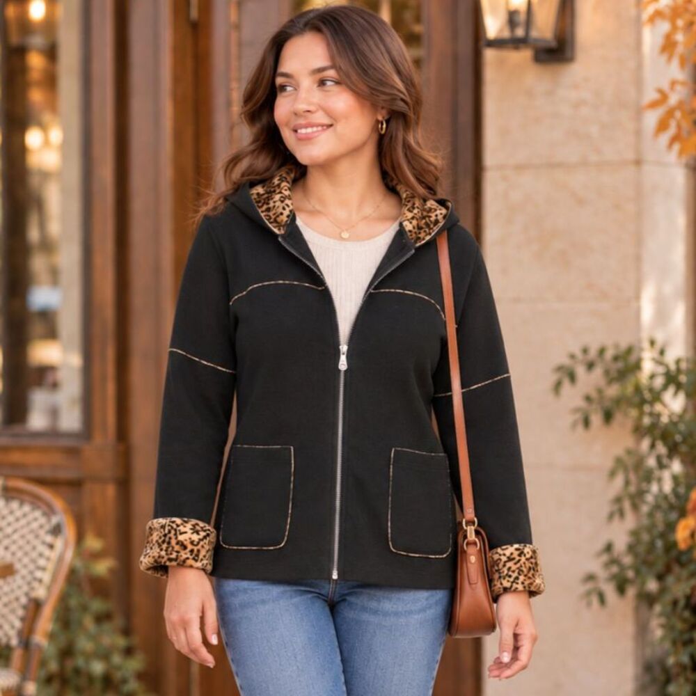 BC Clothing Petite Black Jacket Large Leopard Lined Cozy Zip Up